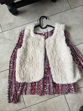 Speechless Cream Faux Fur Vest with Red Patterned Blouse